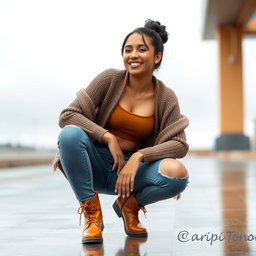 A gorgeous Colombian woman wearing a stylish crop top and skinny jeans, complemented by trendy boots and a cozy cardigan