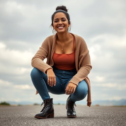 A gorgeous Colombian woman wearing a stylish crop top and skinny jeans, complemented by trendy boots and a cozy cardigan