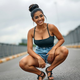 A gorgeous Colombian woman smiling while wearing stylish booty shorts, squatting gracefully