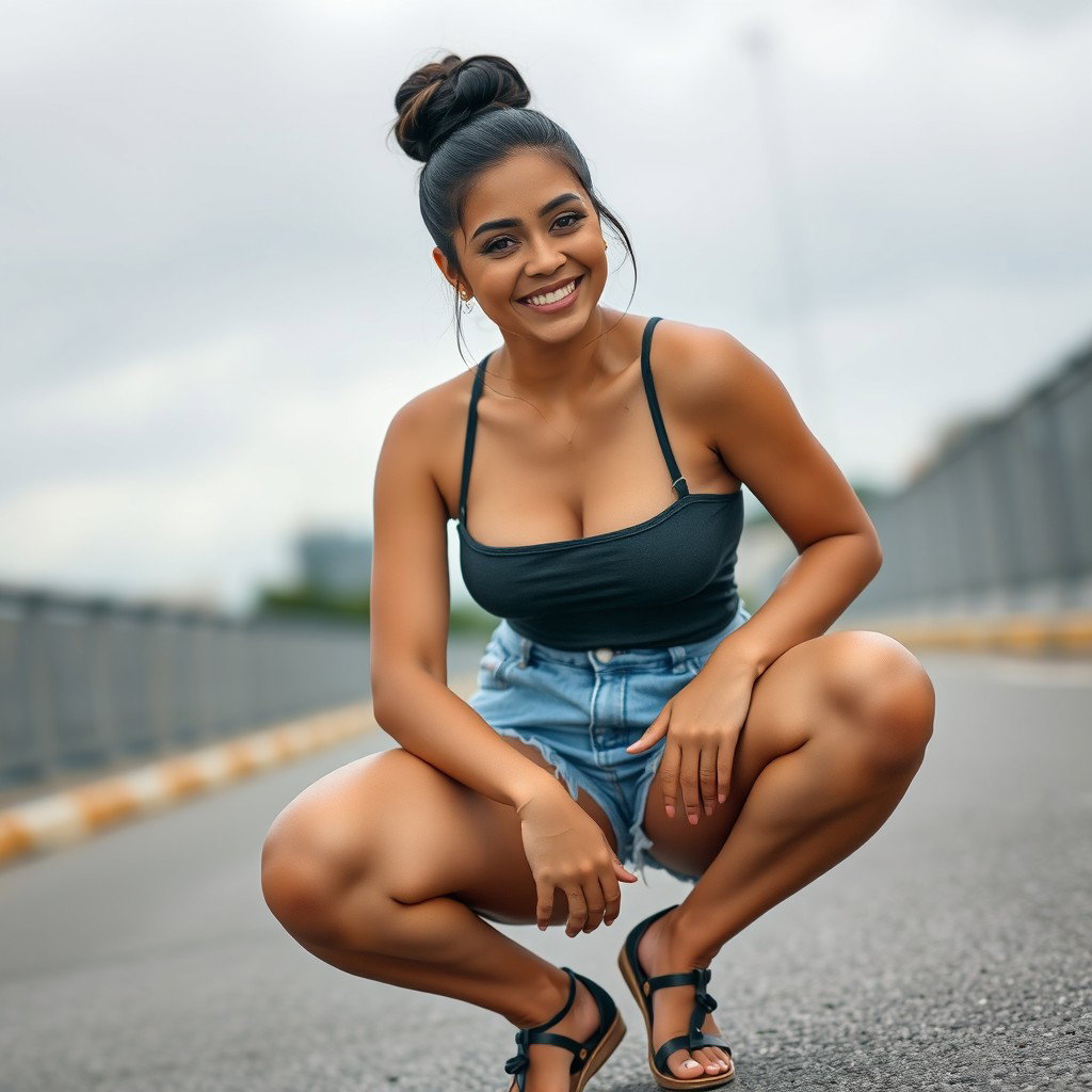A gorgeous Colombian woman smiling while wearing stylish booty shorts, squatting gracefully