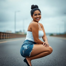 A gorgeous Colombian woman smiling while wearing stylish booty shorts, squatting gracefully