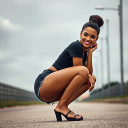 A gorgeous Colombian woman smiling while wearing stylish booty shorts, squatting gracefully