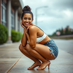 A gorgeous Colombian woman smiling while wearing stylish booty shorts, squatting gracefully