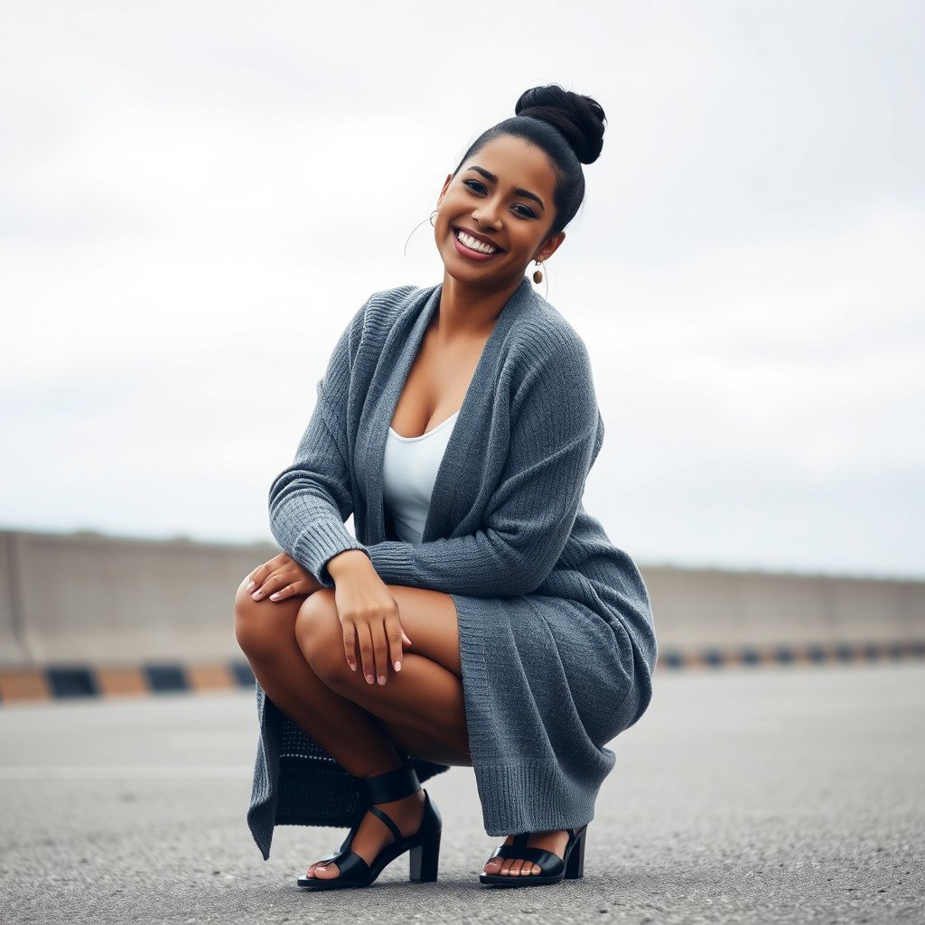 A gorgeous Colombian woman smiling brightly, wearing a long cardigan layered over stylish booty shorts