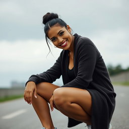 A gorgeous Colombian woman smiling brightly, wearing a long cardigan layered over stylish booty shorts