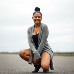 A gorgeous Colombian woman smiling brightly, wearing a long cardigan layered over stylish booty shorts