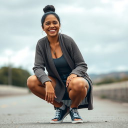 A gorgeous Colombian woman smiling brightly, wearing a long cardigan layered over stylish booty shorts