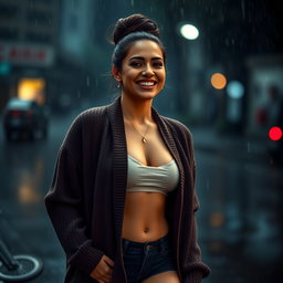 A gorgeous Colombian woman smiling radiantly while dressed in a long cardigan layered over stylish booty shorts