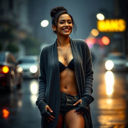 A gorgeous Colombian woman smiling radiantly while dressed in a long cardigan layered over stylish booty shorts