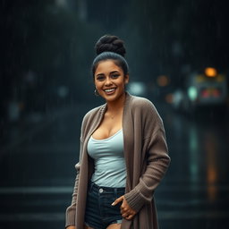 A gorgeous Colombian woman smiling radiantly while dressed in a long cardigan layered over stylish booty shorts