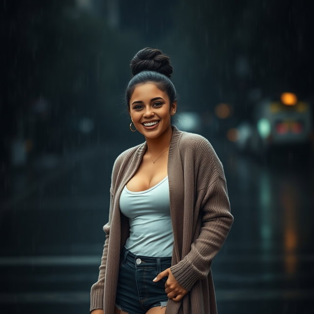 A gorgeous Colombian woman smiling radiantly while dressed in a long cardigan layered over stylish booty shorts