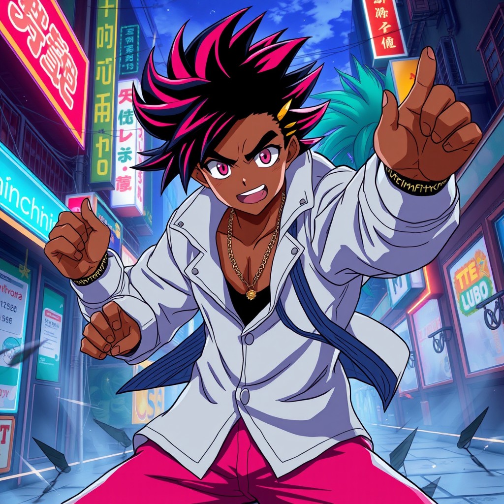 A vibrant anime scene featuring a strong Black character with unique, colorful hairstyles and fashionable attire, engaging in an action pose
