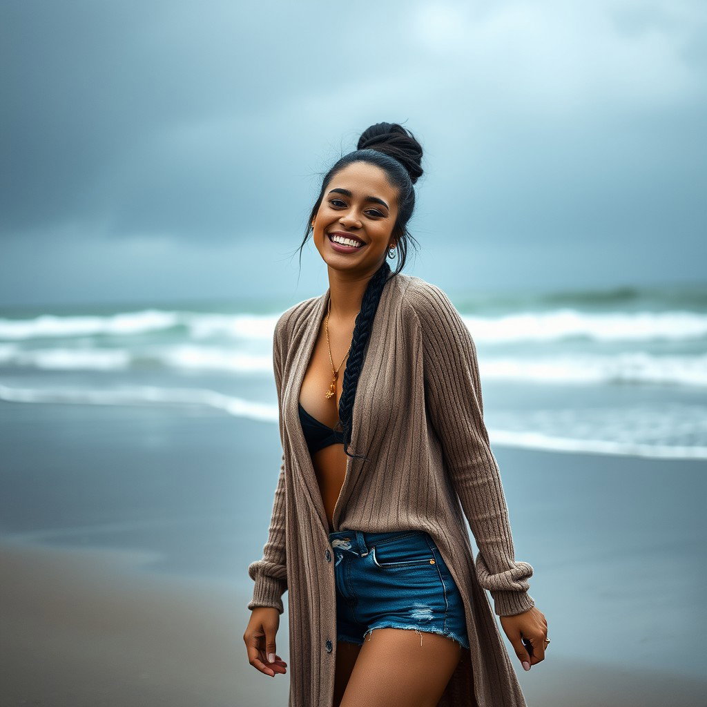 A gorgeous Colombian woman smiling joyfully while wearing a long cardigan over trendy booty shorts
