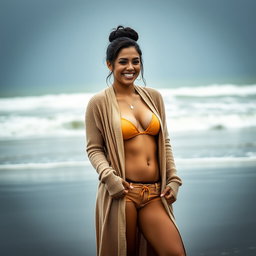 A gorgeous Colombian woman smiling joyfully while wearing a long cardigan over trendy booty shorts