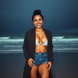 A gorgeous Colombian woman smiling joyfully while wearing a long cardigan over trendy booty shorts