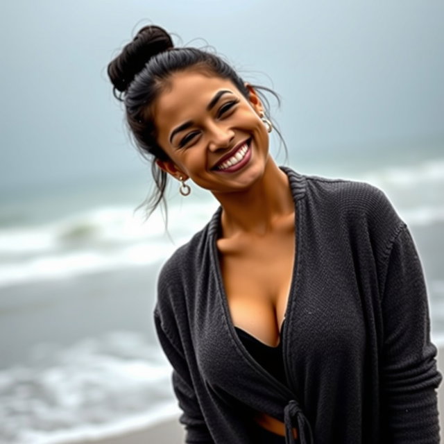 A gorgeous Colombian woman smiling joyfully while wearing a long cardigan over trendy booty shorts