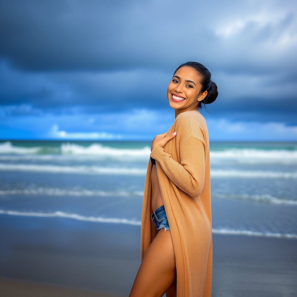 A gorgeous Colombian woman smiling happily while wearing a long cardigan over trendy booty shorts