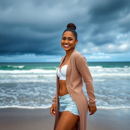 A gorgeous Colombian woman smiling happily while wearing a long cardigan over trendy booty shorts
