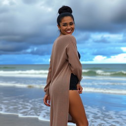 A gorgeous Colombian woman smiling happily while wearing a long cardigan over trendy booty shorts