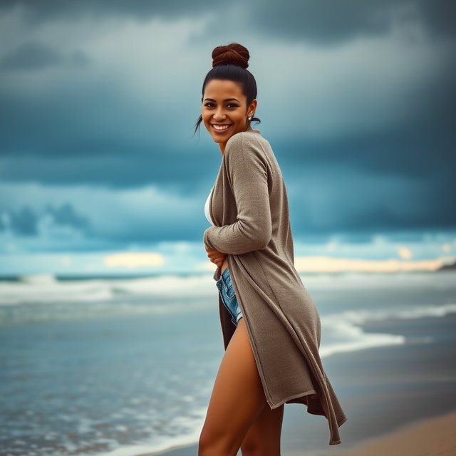 A gorgeous Colombian woman smiling happily while wearing a long cardigan over trendy booty shorts
