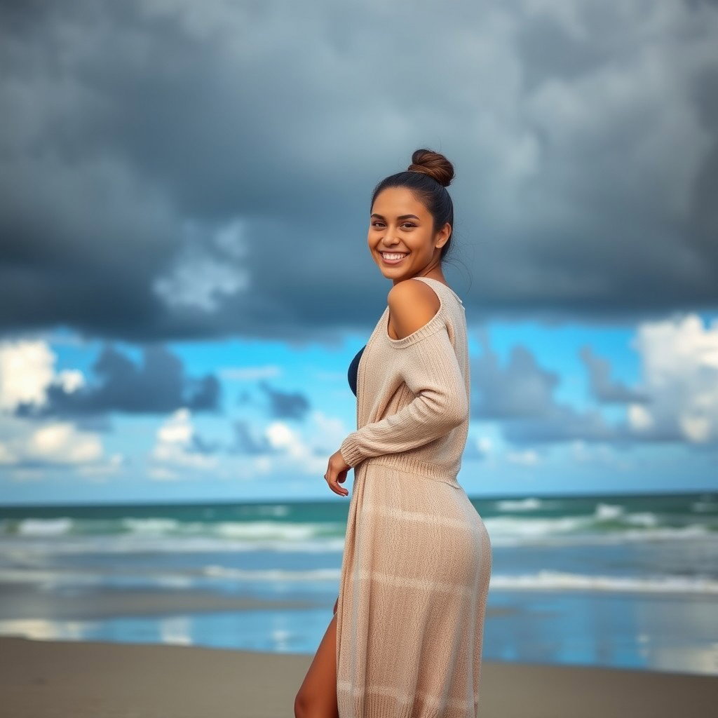 A gorgeous Colombian woman smiling radiantly while wearing a long cardigan over fashionable booty shorts