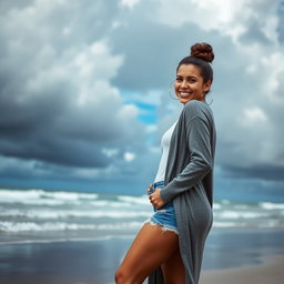 A gorgeous Colombian woman smiling radiantly while wearing a long cardigan over fashionable booty shorts