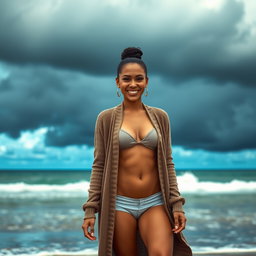 A gorgeous Colombian woman smiling radiantly while wearing a long cardigan over fashionable booty shorts