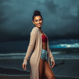 A gorgeous Colombian woman smiling radiantly while wearing a long cardigan over fashionable booty shorts
