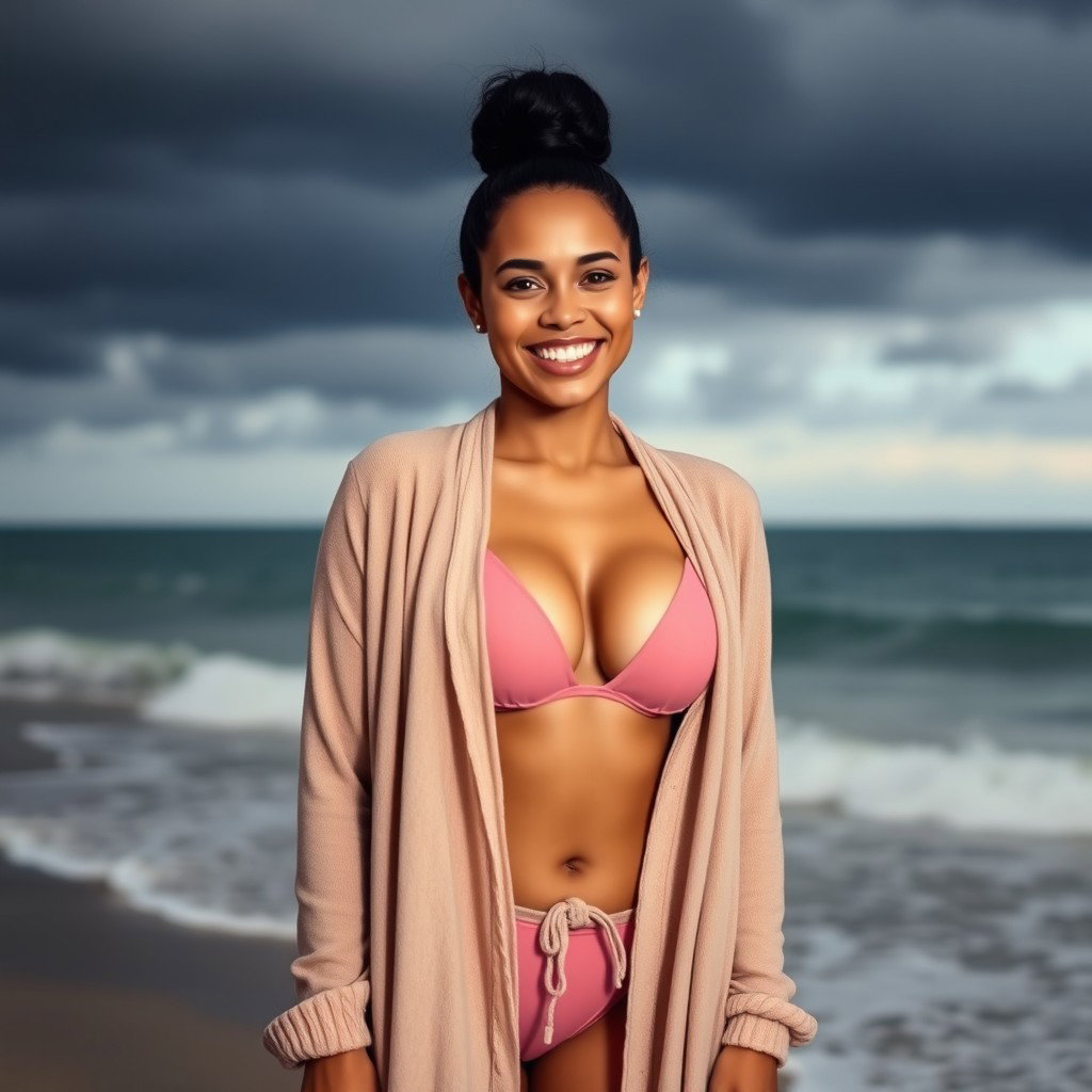 A gorgeous Colombian woman smiling brightly while wearing a long cardigan over a stylish bikini