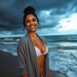 A gorgeous Colombian woman smiling brightly while wearing a long cardigan over a stylish bikini