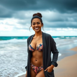 A gorgeous Colombian woman smiling brightly while wearing a long cardigan over a stylish bikini
