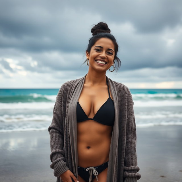 A gorgeous Colombian woman smiling brightly while wearing a long cardigan over a stylish bikini
