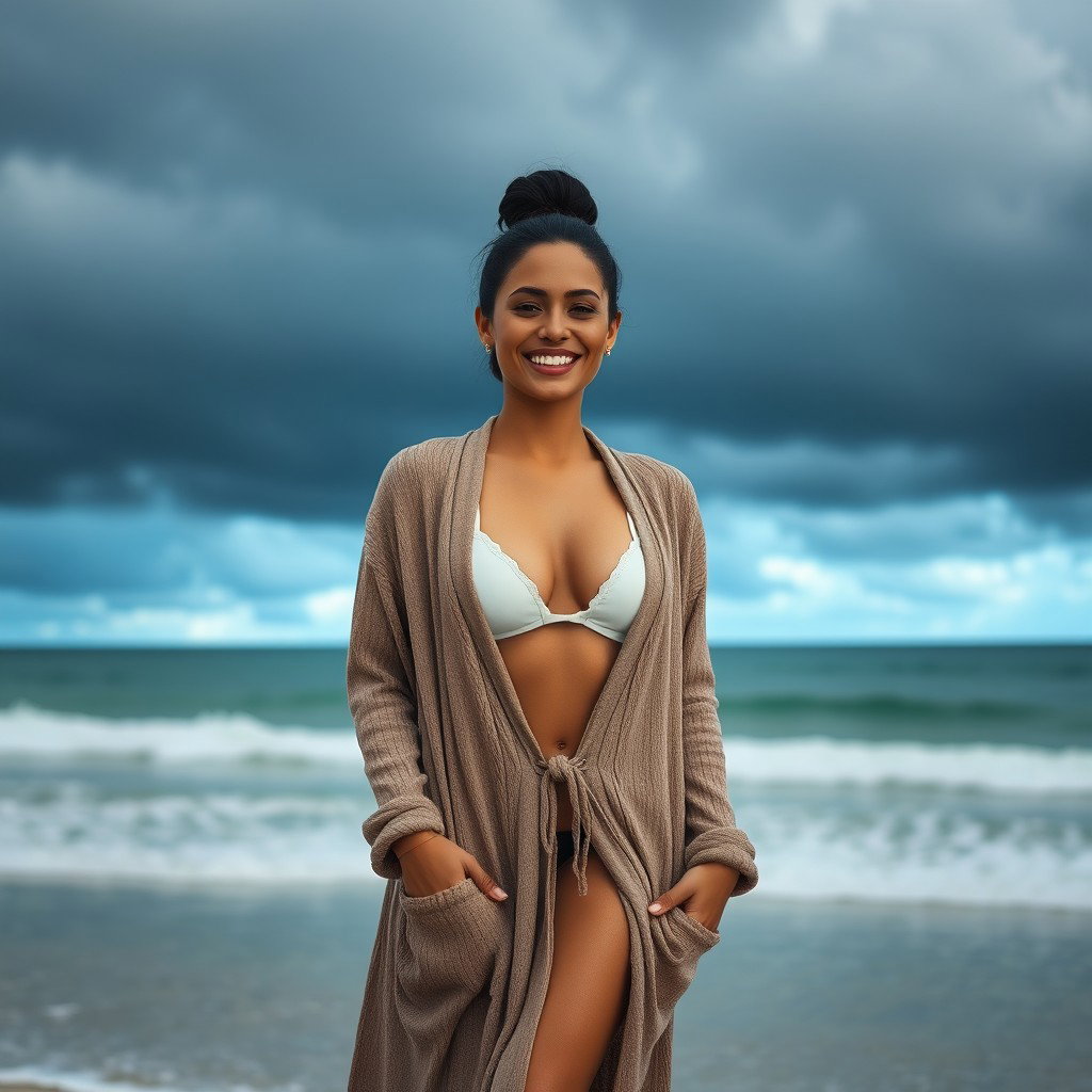 A gorgeous Colombian woman smiling joyfully while wearing a long cardigan over a stylish bikini