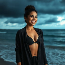 A gorgeous Colombian woman smiling joyfully while wearing a long cardigan over a stylish bikini