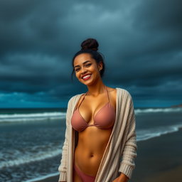 A gorgeous Colombian woman smiling joyfully while wearing a long cardigan over a stylish bikini