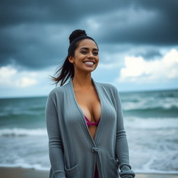 A gorgeous Colombian woman smiling joyfully while wearing a long cardigan over a stylish bikini