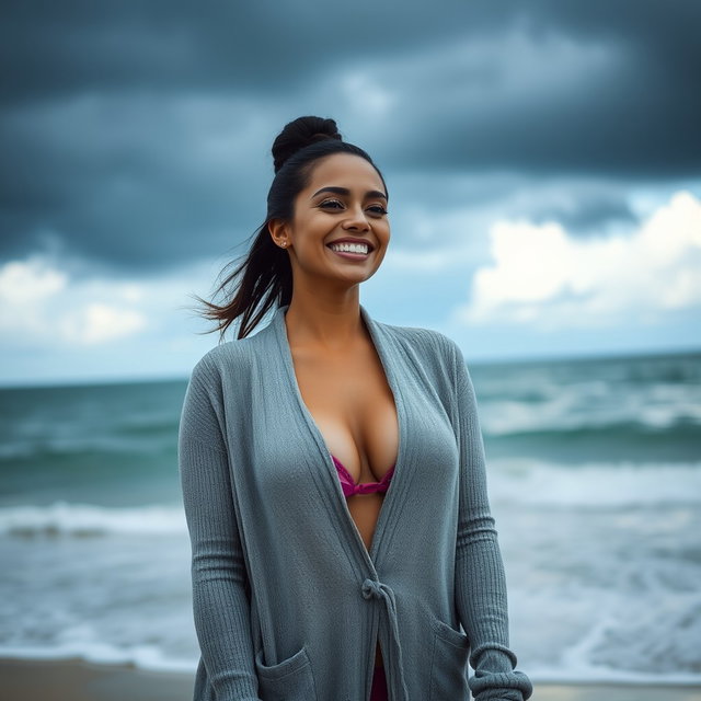 A gorgeous Colombian woman smiling joyfully while wearing a long cardigan over a stylish bikini