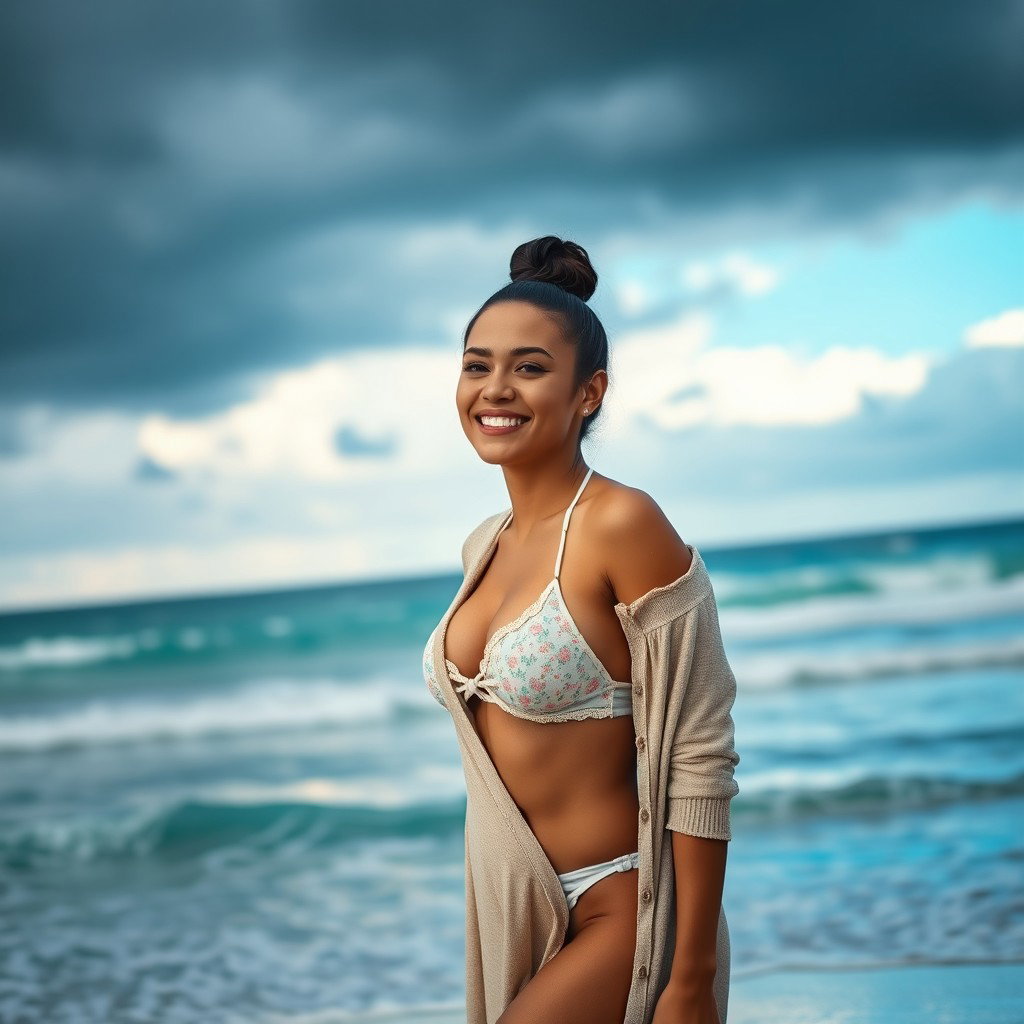 A gorgeous Colombian woman smiling joyfully, wearing a long cardigan over a stylish bikini