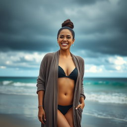 A gorgeous Colombian woman smiling joyfully, wearing a long cardigan over a stylish bikini