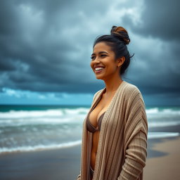 A gorgeous Colombian woman smiling joyfully, wearing a long cardigan over a stylish bikini