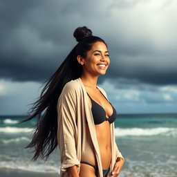 A gorgeous Colombian woman smiling joyfully, wearing a long cardigan over a stylish bikini