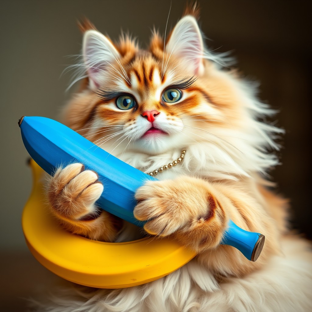 A whimsical scene featuring a fluffy cat playfully posing with a bright blue banana