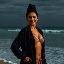 A gorgeous Colombian woman smiling radiantly while wearing a long cardigan over her stylish bikini