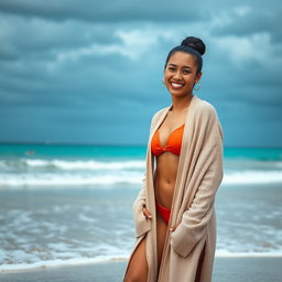 A gorgeous Colombian woman smiling radiantly while wearing a long cardigan over her stylish bikini