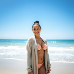 A gorgeous Colombian woman smiling brightly while wearing a long cardigan over a stylish bikini
