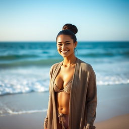 A gorgeous Colombian woman smiling brightly while wearing a long cardigan over a stylish bikini