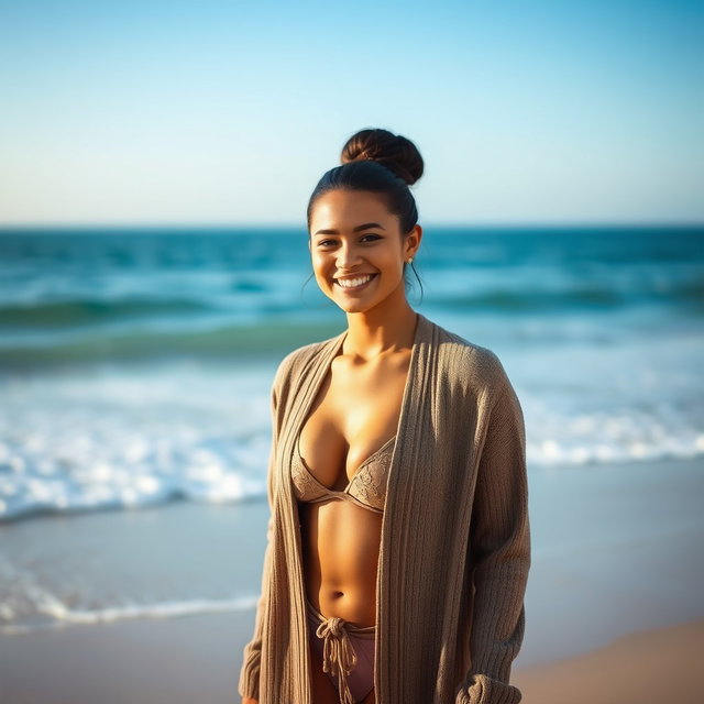A gorgeous Colombian woman smiling brightly while wearing a long cardigan over a stylish bikini