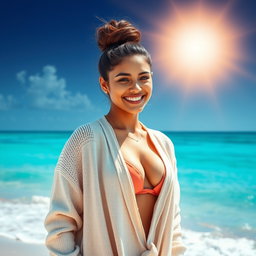 A gorgeous Colombian woman smiling warmly while wearing a long cardigan over her stylish bikini