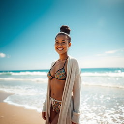 A gorgeous Colombian woman smiling warmly while wearing a long cardigan over her stylish bikini