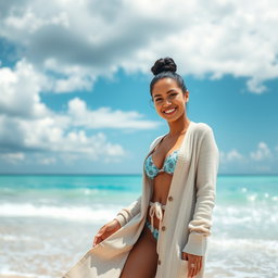 A gorgeous Colombian woman smiling warmly while wearing a long cardigan over her stylish bikini